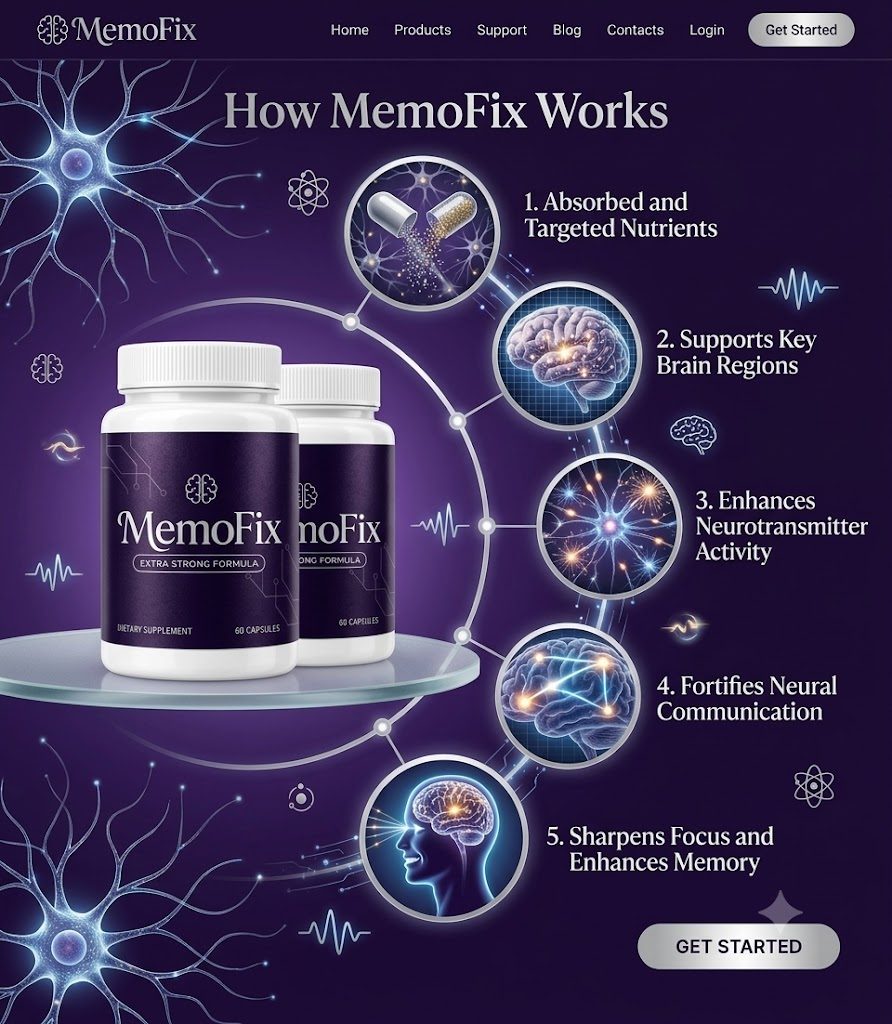 Graphic titled How MemoFix Works showing two MemoFix bottles and five numbered steps from absorbed and targeted nutrients to sharpens focus and enhances memory